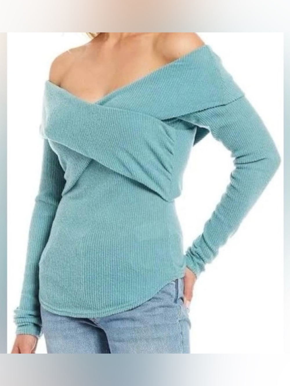 Free People Off-Shoulder Cross Front Ribbed Sweater - Teal